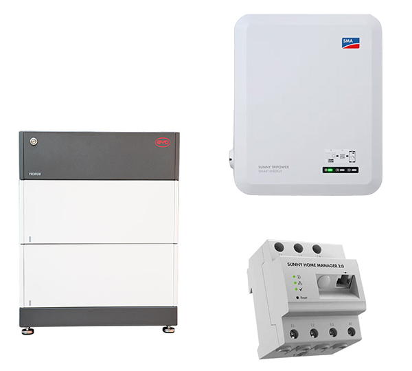 B-BOX HVS 5.1 (5,12 kWh) + STP 5.0 SMART ENERGY B-BOX PREMIUM HV BATTERY CONTROL UNIT + BASE B-BOX PREMIUM HVS (2,56 kWh) Home Manager 2.0 Sunny Tripower 5.0 SE Einschraub-Heizkörper AHIR-BI-Plus-3.5 eCharger EVC22-3AC-20, 22 kW