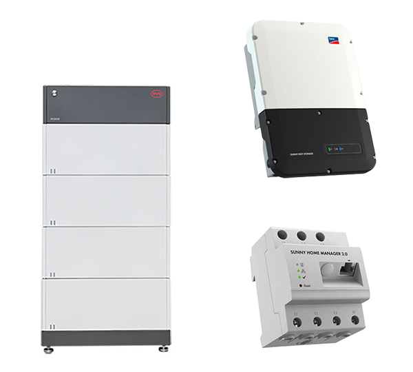 B-Box HVS 7.7 + SB Storage 3.7 (ohne Wifi) Home Manager 2.0 Battery-Box Premium HVS 2,56 kWh Sunny Boy Storage 3.7 (without Wifi) B-Box Premium HV BCU + Base 2.0 Einschraub-Heizkörper AHIR-BI-Plus-3.5 eCharger EVC22-3AC-20, 22 kW