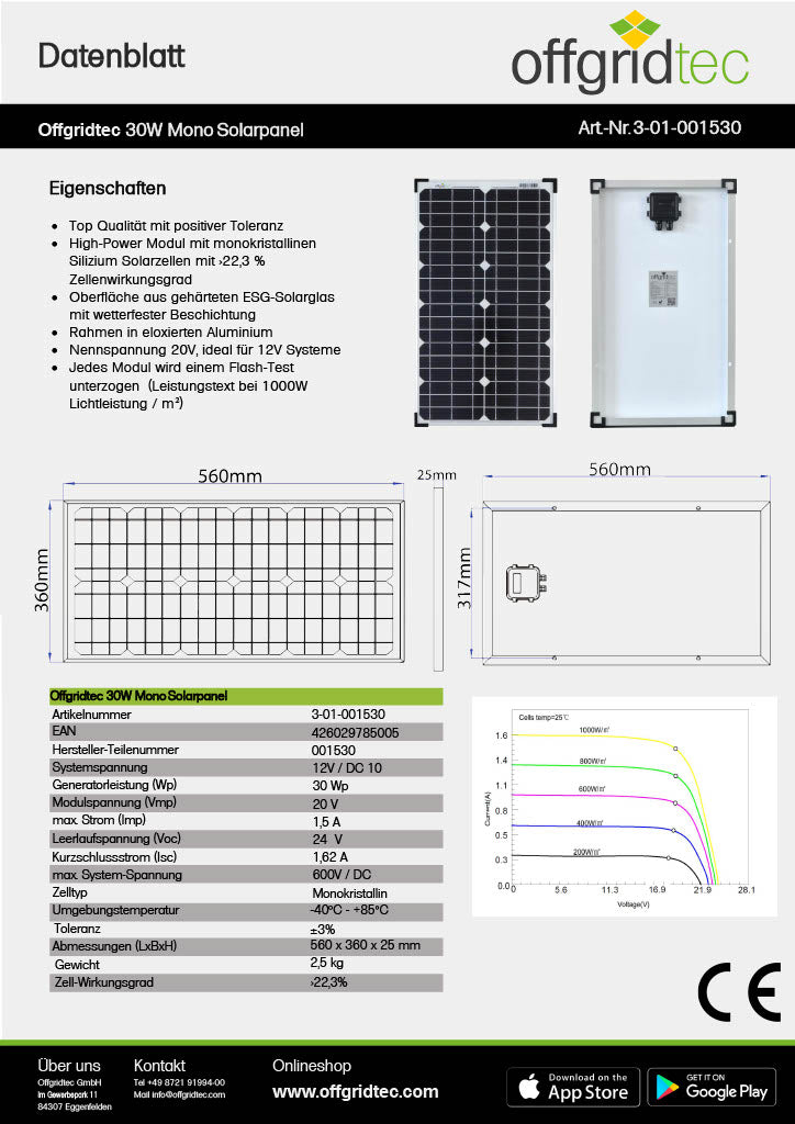 Offgridtec® 30W MONO 12V Solarpanel