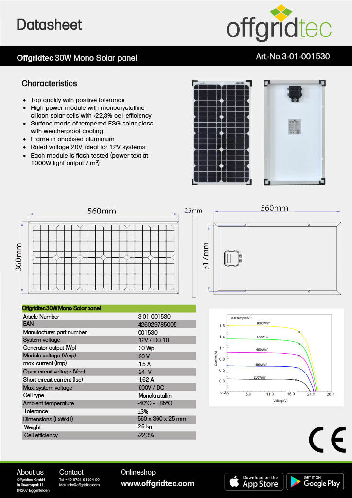 Offgridtec® 30W MONO 12V Solarpanel