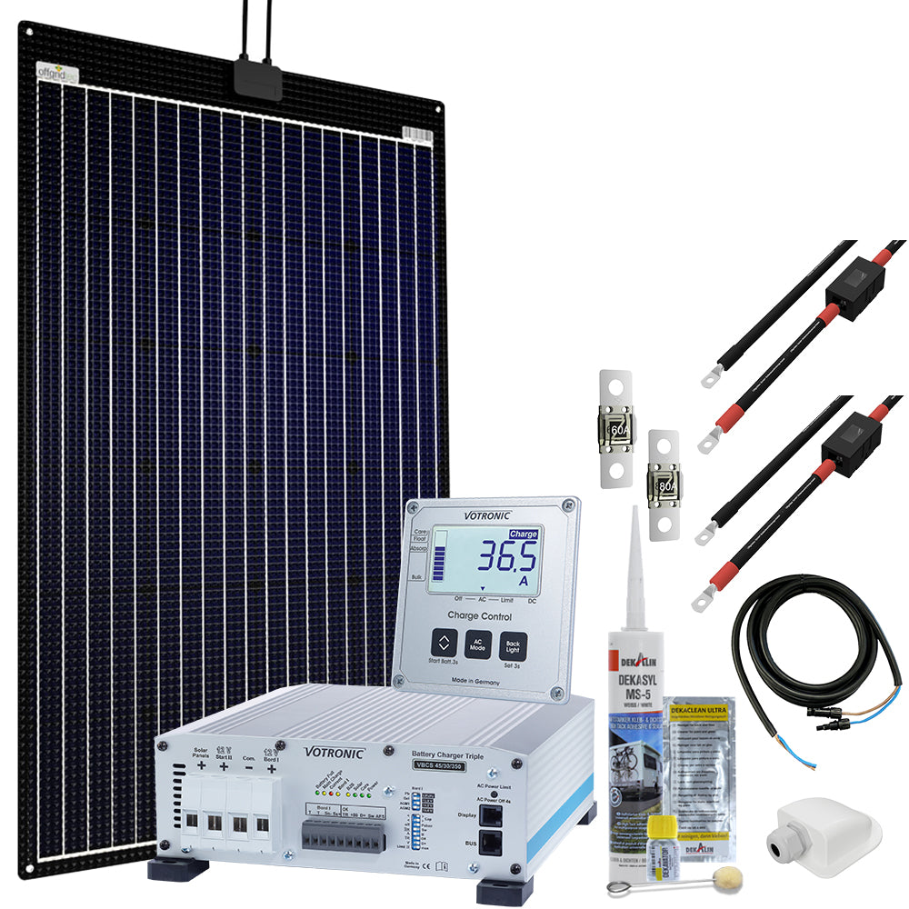 Offgridtec mTriple Flex L Wohnmobil Solaranlage mit 2 x 160W 45/30/350 VBCS Triple Charger und 1247 Charge Control Display