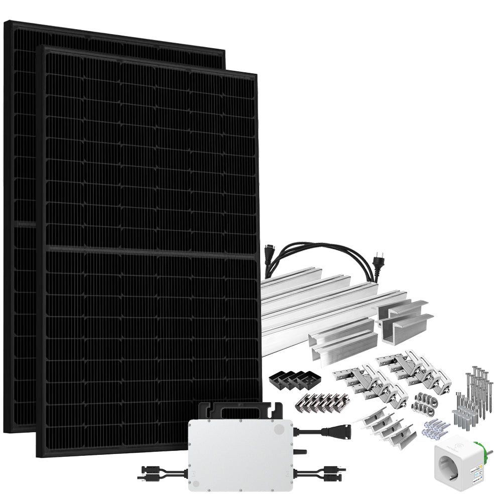 Offgridtec® Solar-Direct 900W HMS-800W-2T Balkonkraftwerk Bifazial Full Black Schukosteckdose - 10m - Montageset Ziegeldach mit Stromzähler
