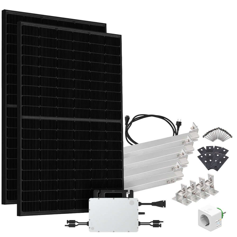Offgridtec® Solar-Direct 900W HMS-800W-2T Balkonkraftwerk Bifazial Full Black Schukosteckdose - 5m - Montageset für Flachdach mit Stromzähler