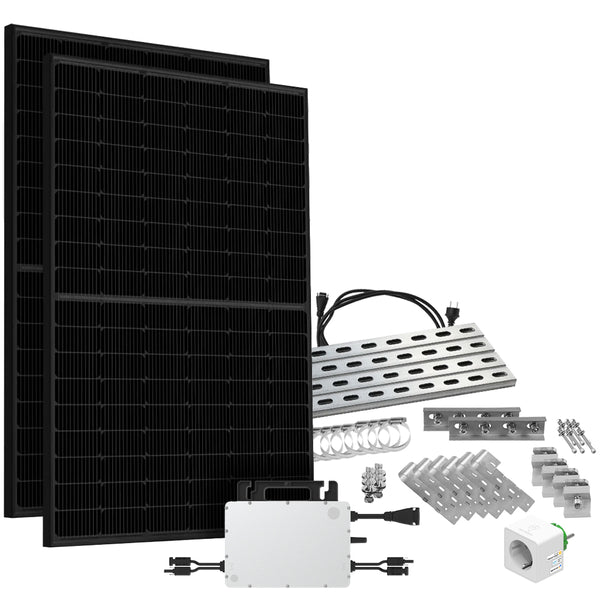 Offgridtec® Solar-Direct 900W HMS-800W-2T Balkonkraftwerk Bifazial Full Black Schukosteckdose - 5m - Montageset für Balkongeländer mit Stromzähler