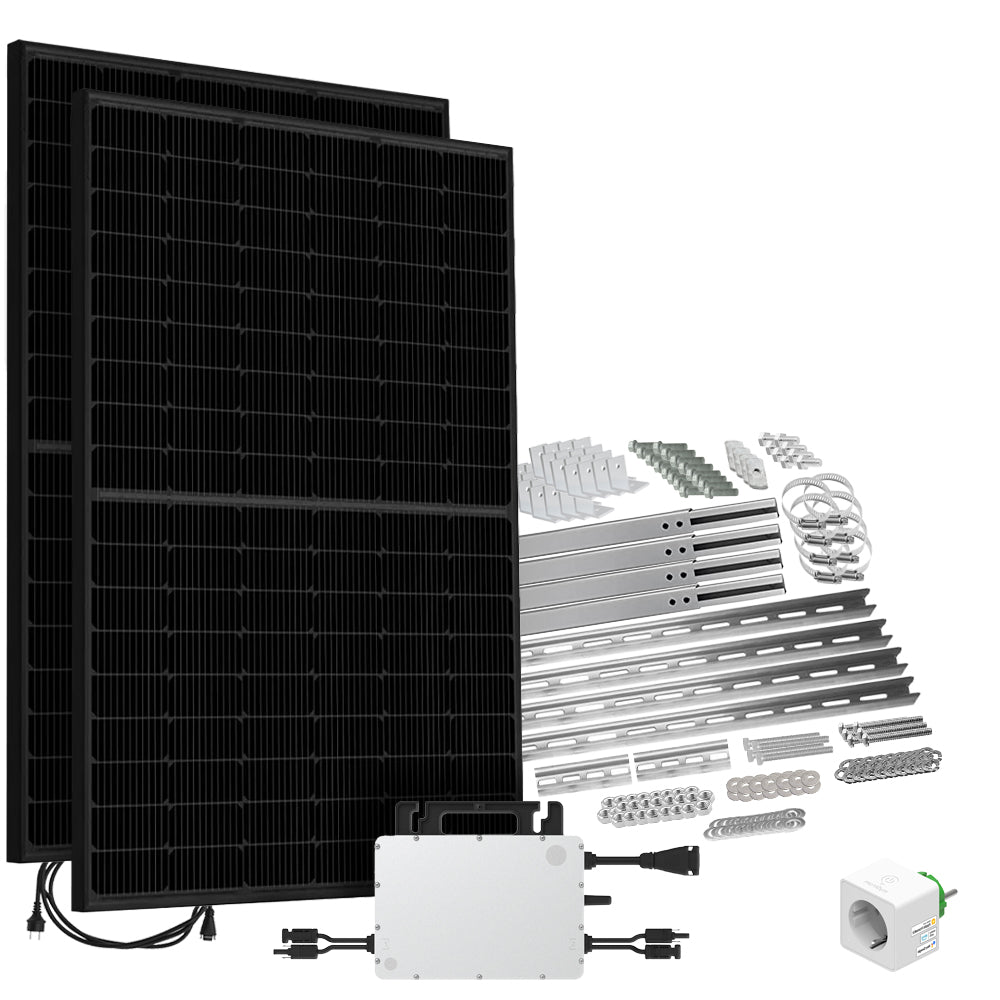 Offgridtec® Solar-Direct 860W HMS-800W-2T Balkonkraftwerk Bifazial Full Black Schukosteckdose - 15m - Montageset für Balkongeländer mit Stromzähler