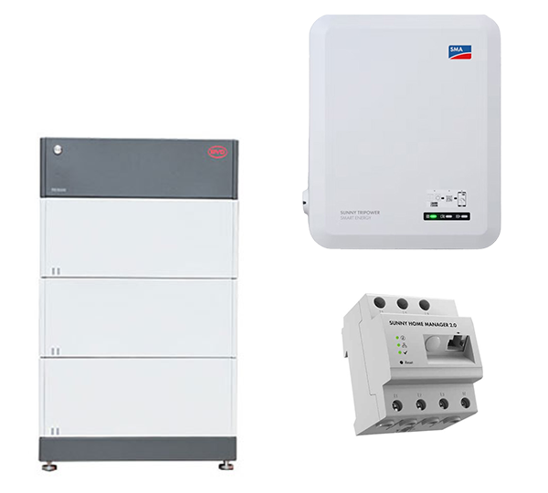 B-BOX HVS 7.7 (7,68 kWh) + STP 6.0 SMART ENERGY B-BOX PREMIUM HV BATTERY CONTROL UNIT + BASE B-BOX PREMIUM HVS (2,56 kWh) Home Manager 2.0 Sunny Tripower 6.0 SE Einschraub-Heizkörper AHIR-BI-Plus-3.5 eCharger EVC22-3AC-20, 22 kW