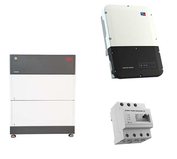 B-Box HVS 5.1 + SB Storage 3.7 (ohne Wifi) Home Manager 2.0 Battery-Box Premium HVS 2,56 kWh Sunny Boy Storage 3.7 (without Wifi) B-Box Premium HV BCU + Base 2.0 Einschraub-Heizkörper AHIR-BI-Plus-3.5 eCharger EVC22-3AC-20, 22 kW