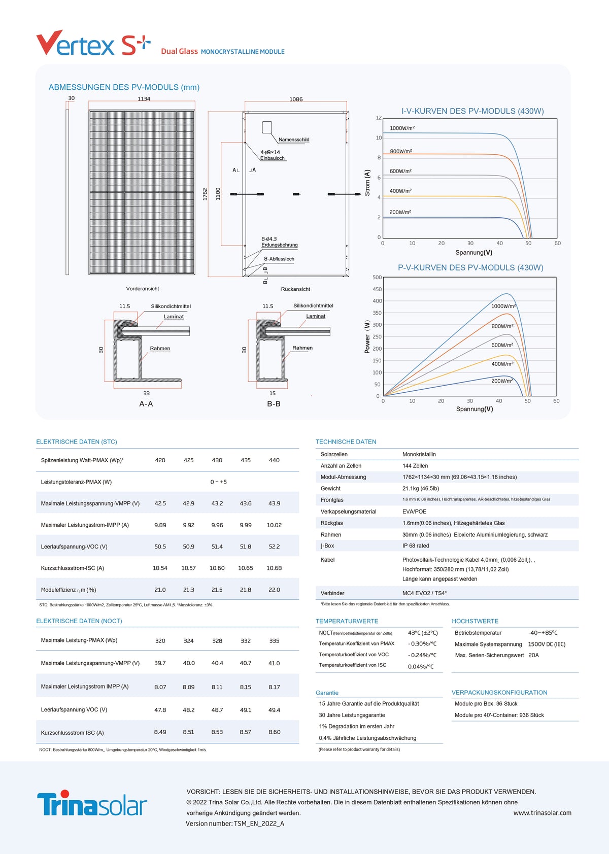 Trina Solar Vertex S TSM-NEG9R.28 430W Glas Glas Solarmodul bifacial